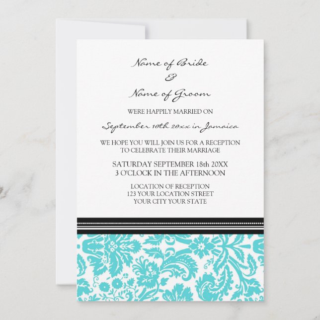 Hochzeitsempfang nur Aqua Black Damask Einladung (Rückseite)