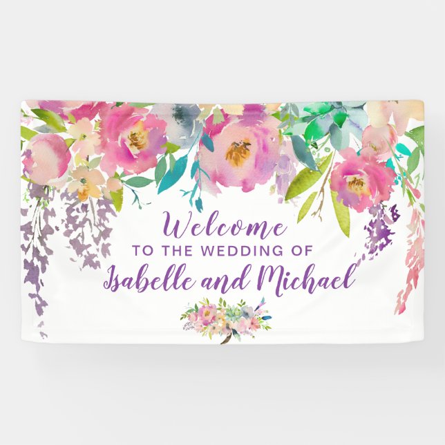 Hochzeitsempfang Pastellrosa und Lila Blumenbanner Banner (Horizontal)