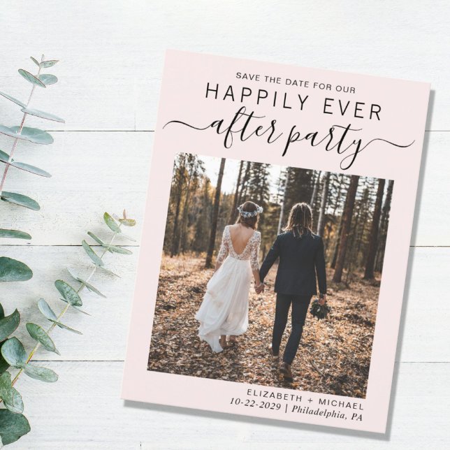 Hochzeitsempfang Rosa Foto Save the Date Ankündigungspostkarte (An chic Happily Ever After Party postcard invitation for your wedding celebration)