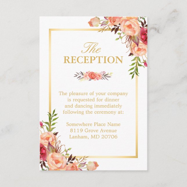 Hochzeitsempfang Rustikales Gold Orange Blumenchic Begleitkarte (Vorderseite)