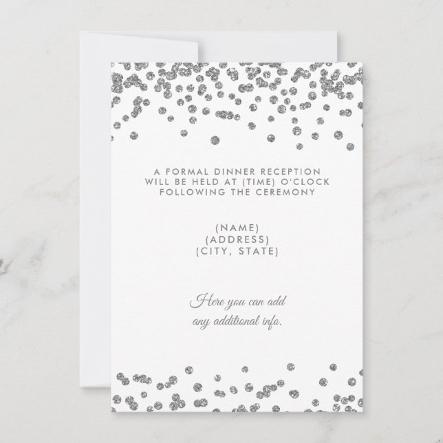 Hochzeitsempfang Silberner Glitzer Confetti White Einladung (Vorderseite)