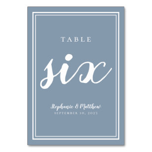 Hochzeitsempfang Tischnummer 6 Dusty Blue