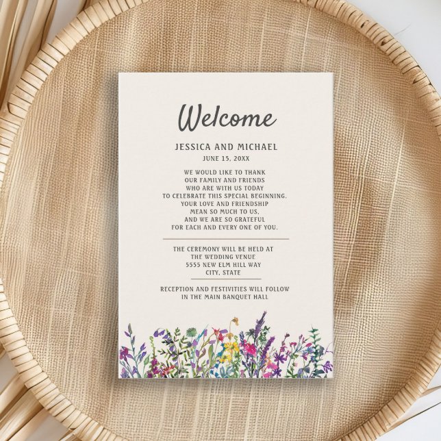 Hochzeitsempfang Wasserfarben-Wildblumen Begleitkarte (Wedding Welcome card for guest bags)