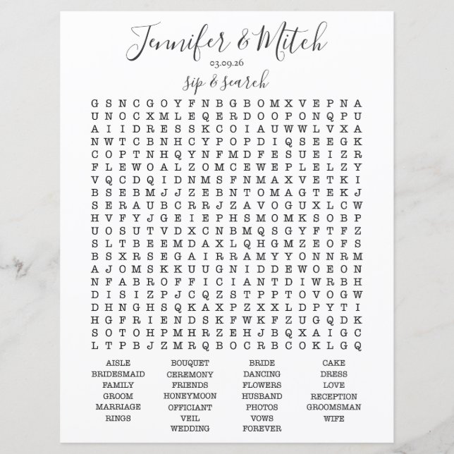Hochzeitsempfang Word Search Game, Custom Game (Vorderseite)