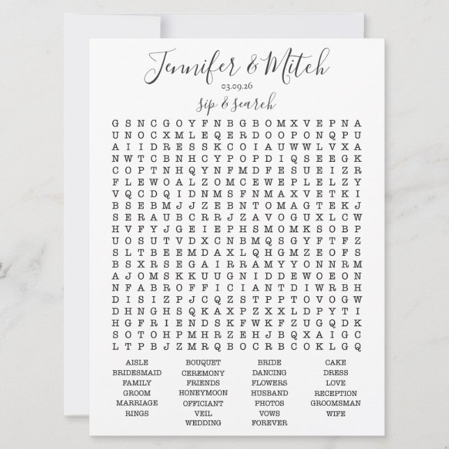 Hochzeitsempfang Word Search Game, Custom Game Einladung (Vorderseite)