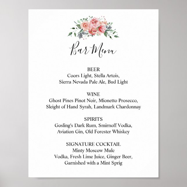 Hochzeitsempfangs-Bar-Menü Rosa Blumenskript Poster (Vorne)