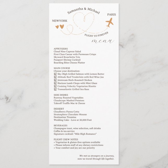 Hochzeitsempfangs-Dinner im Reisethema Menükarte (Vorderseite)