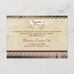 Hochzeitsempfangsdesign aus Holz und Spitze Begleitkarte