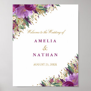 Hochzeitsempfangsschild Lila Blumen Glitter Poster