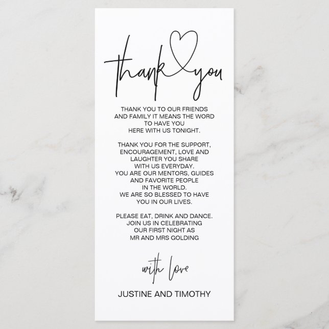 Hochzeitsempfangstisch Vielen Dank Platz Einstellu Menükarte (Vorderseite)