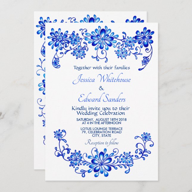 Hochzeitsempfehlung für Navy Blue Floral Einladung (Vorne/Hinten)