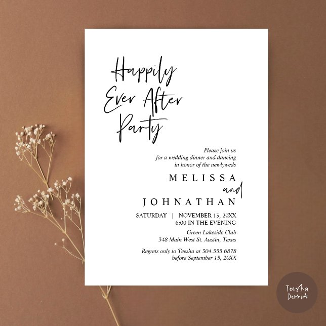 Hochzeitsessen, glücklicherweise immer nach dem Pa Einladung (Happily Ever after Party, Wedding Elopement Dinner Invitation Card, PDF, in Black and White)