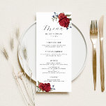 Hochzeitsessen in der Marine und in Burgund Menükarte<br><div class="desc">Elegante Blumenkarte für das Hochzeitsessen mit Aquarellbildern von Blume aus Marineinfelsen und Bordeaux mit Grünpflanzen.</div>