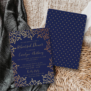 Hochzeitsessen in Navy & Gold Foil Floral Probe Einladung