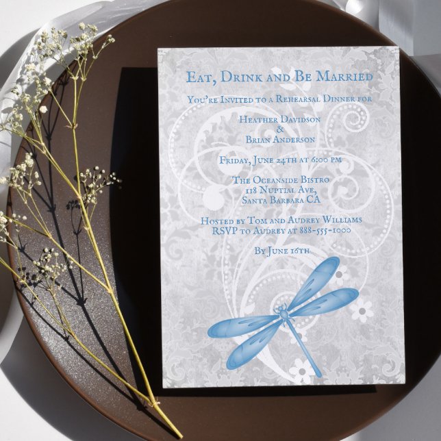 Hochzeitsessen mit Blauer Drachenfliege Einladung (Blue Dragonfly Wedding Rehearsal Dinner Invitation)