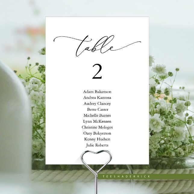 Hochzeitsessen, Moderne Gästekarte N Tischnummer (Modern Romantic Wedding Dinner, Guest Seating Chart Card, Table Number in Black and White Themed)