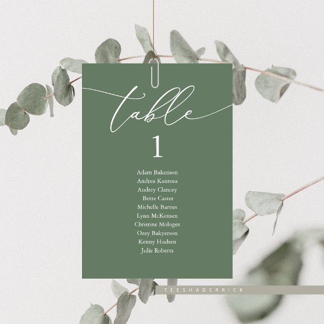 Hochzeitsessen, moderne Gästekarte Tischnummer (Elopement Wedding Dinner, Guest Seating Chart Table, in Modern Sage Green, Table No and Guest Names)