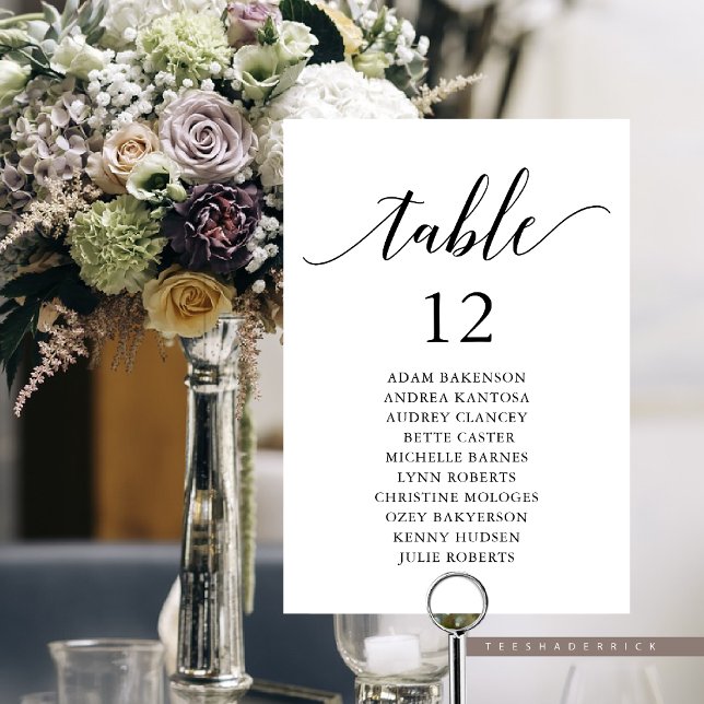 Hochzeitsessen, moderne Gästekarte Tischnummer (Wedding Dinner, Modern Guest Seating Chart Card with Table Number and Guest Names.)