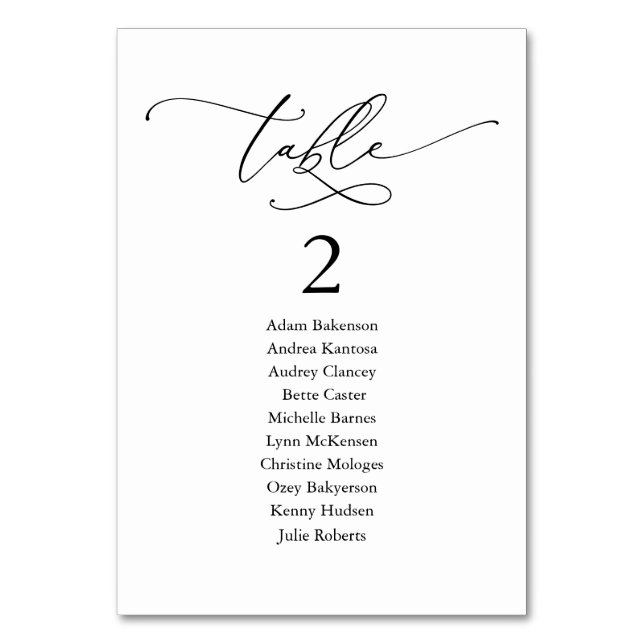 Hochzeitsessen, moderne Gästekarte und Tischnummer (Vorderseite)