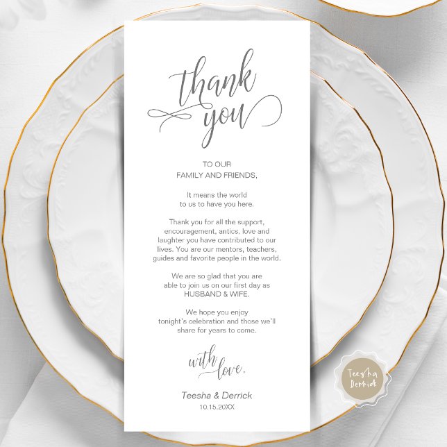 Hochzeitsessen, Ort Einstellung Dankeschön Karten (Wedding Dinner, Place Setting Thank You Card, in Modern Classy Script, Dark Grey.)
