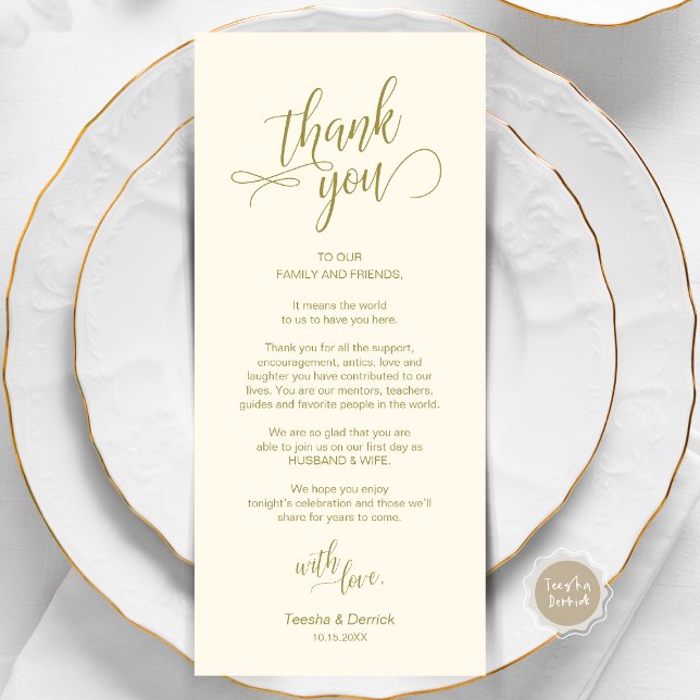 Hochzeitsessen, Ort Einstellung Dankeschön Karten (Wedding Dinner, Place Setting Thank You Card, in Modern Classy Script, Gold Scheme.)