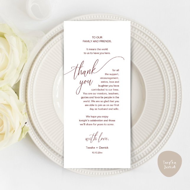 Hochzeitsessen Platz Einstellung Moderne Dankeschö Programm (Modern Wedding Dinner Brunch Place Setting Thank You Card romantic in aesthetic burgundy red)