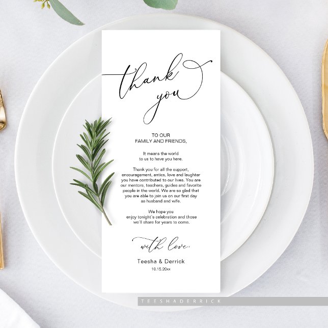 Hochzeitsessen, Platzierung Dankeschön Karte (Wedding Dinner or Elopement Brunch Place Setting Thank You Card, In Modern Classy Romantic themed)