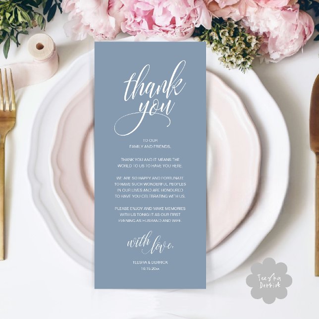 Hochzeitsessen Probe Danke Karte (Modern Romantic Wedding Reception Dinner Thank You Card in Dusty Blue)