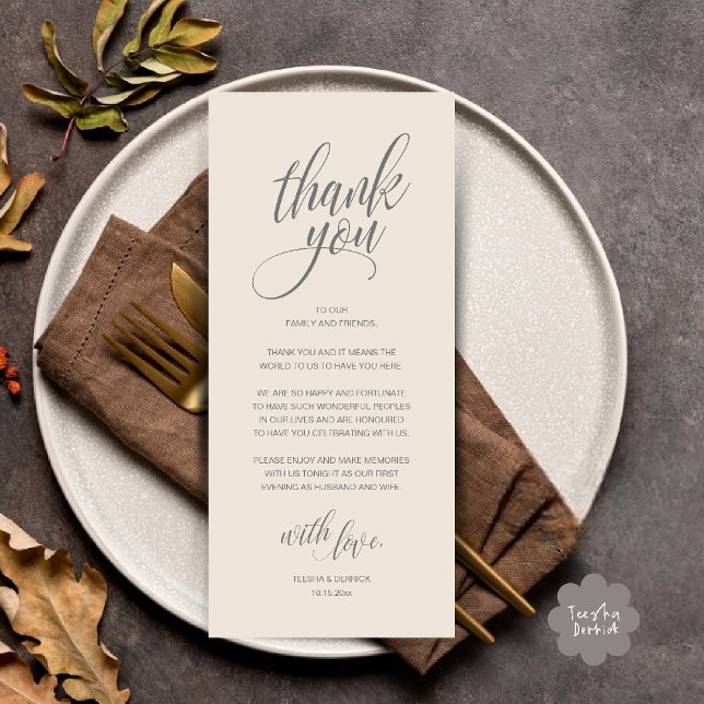 Hochzeitsessen Probe Danke Karte (Modern Romantic Wedding Reception Dinner Thank You Card in Cream Grey)