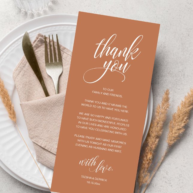 Hochzeitsessen Probe Danke Karte (Modern Romantic Wedding Reception Dinner Thank You Card in Copper Brown Terracotta)