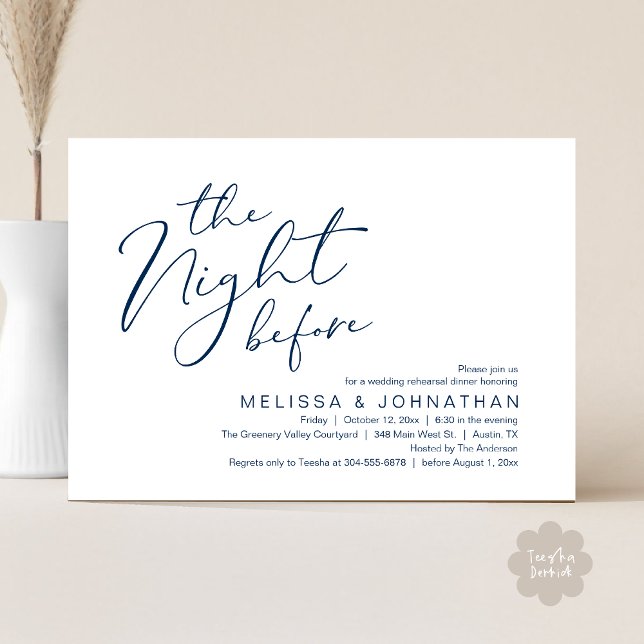 Hochzeitsessen Probe Einladung (The Night Before Romantic Modern Wedding Rehearsal Dinner Aesthetic Invites PDF Classy Navy Blue)