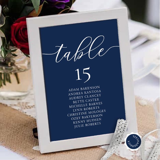 Hochzeitsessen, romanische Gastsitzkarte, Tischnummer (Wedding Dinner, Romance Guest Seating Chart Card, in Classy Navy Blue, with Table Number and Names.)