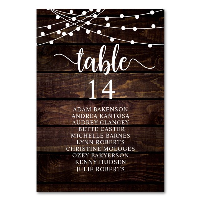 Hochzeitsessen, rustikale Gästekarte Tischnummer (Vorderseite)