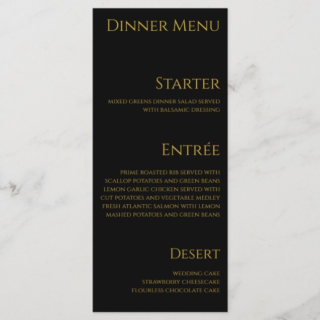 Hochzeitsessen und Bar Menu-Black und Gold- Menükarte (Vorderseite)