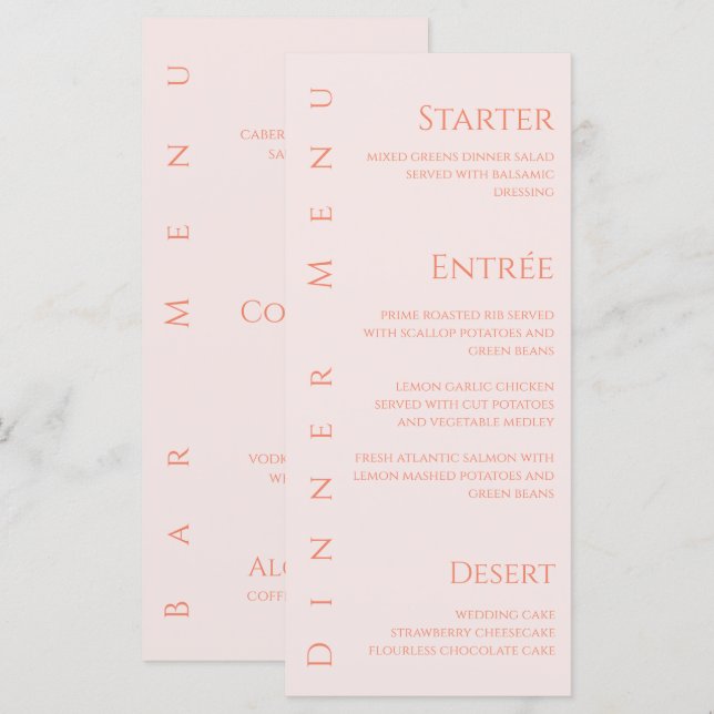 Hochzeitsessen und Bar Menu-Blush Menükarte (Vorne/Hinten)