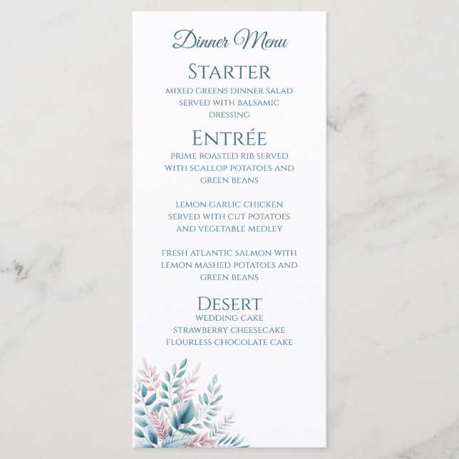 Hochzeitsessen und Bar Menu Pastel Botanisch- Menükarte (Vorderseite)