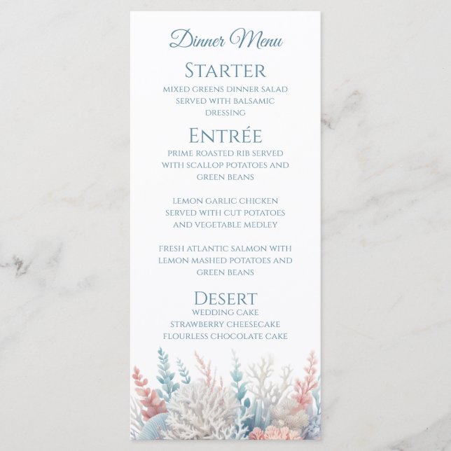 Hochzeitsessen und Bar Menu Pastel Coral Reef Menükarte (Vorderseite)
