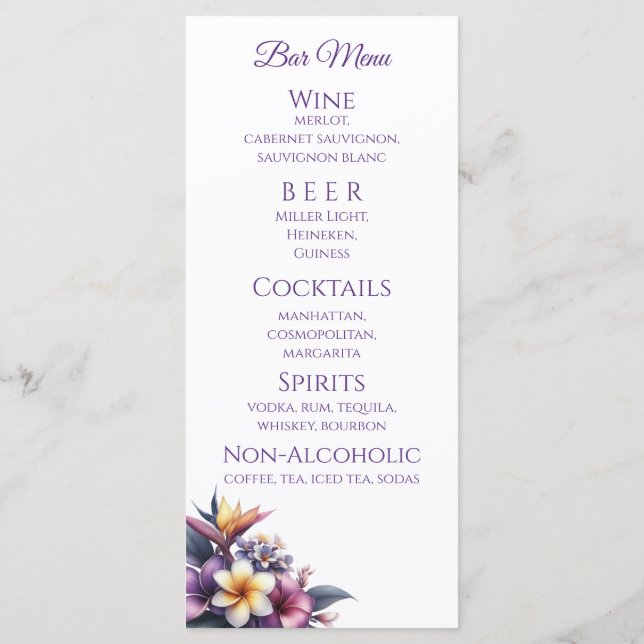 Hochzeitsessen und Bar Menu-Tropical Floral Menükarte (Rückseite)