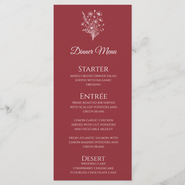 Hochzeitsessen und Bar Menu-Wildblume Elegante Menükarte (Vorderseite)