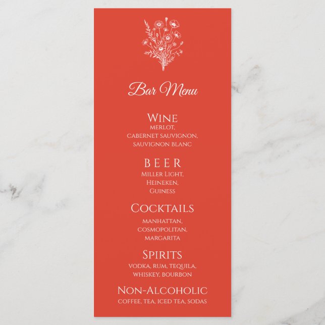 Hochzeitsessen und Bar Menu-Wildblume Elegante Menükarte (Rückseite)