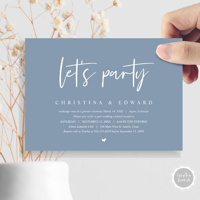 Hochzeitsessen und Tanzen, Party Einladung (Let's Party, Post Wedding Elopement Dinner and Party Celebration Invitation Card, in Dusty Blue)