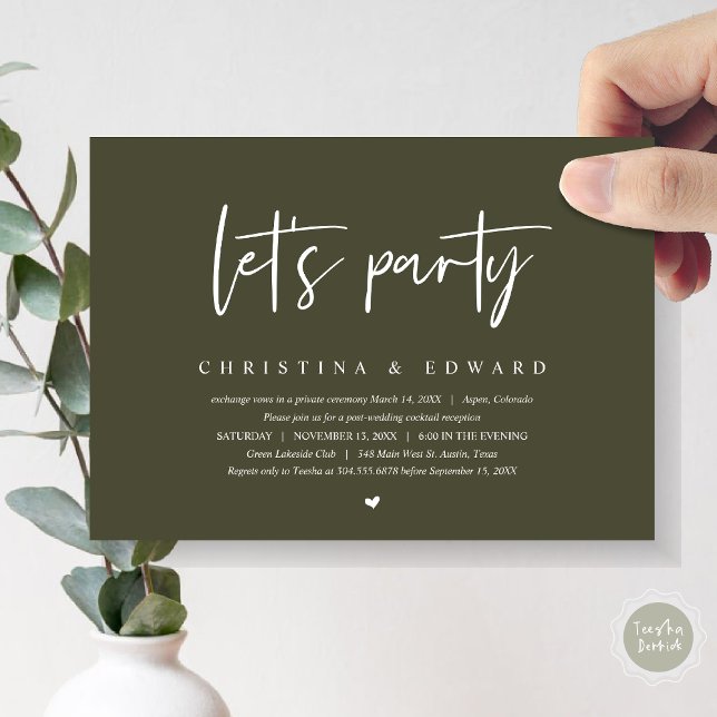 Hochzeitsessen und Tanzen, Party Einladung (Let's Party, Post Wedding Elopement Dinner and Party Celebration Invitation Card, in Olive Green)
