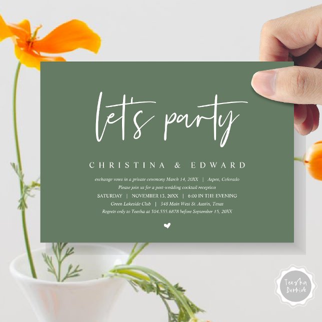 Hochzeitsessen und Tanzen, Party Einladung (Let's Party, Post Wedding Elopement Dinner and Party Celebration Invitation Card, in Sage Green)