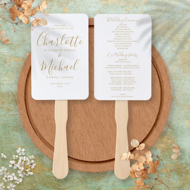 Hochzeitsfächer mit Gold-Signatur-Schriftzug Fächer (Gold Signature Script Wedding Program Hand Fan)
