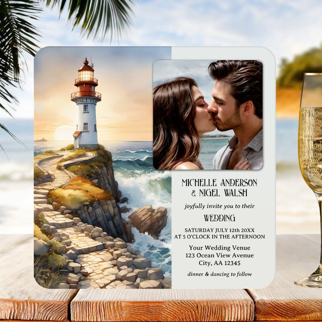 Hochzeitsfeier am Leuchtturm Einladung (Coastal wedding invitation featuring your photo on a watercolor painting of a lighthouse at sunset)