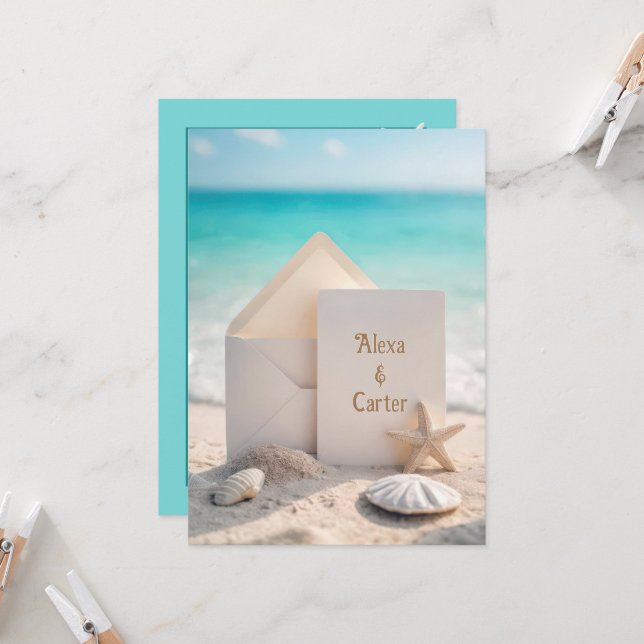 Hochzeitsfeier am Strand mit Starfish Einladung (Vorderseite/Rückseite Beispiel)