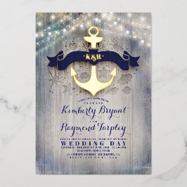 Hochzeitsfeier am Strand von Navy Blue and Gold An Folieneinladung