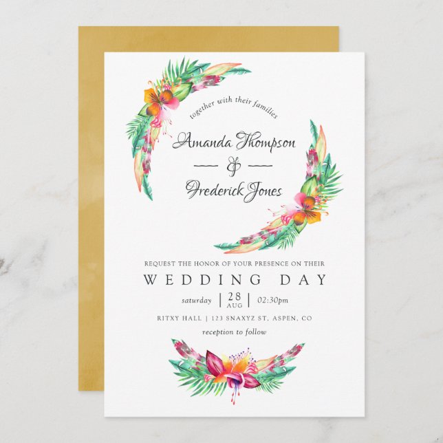 Hochzeitsfeier am tropischen Strand von Watercolor Einladung (Vorne/Hinten)