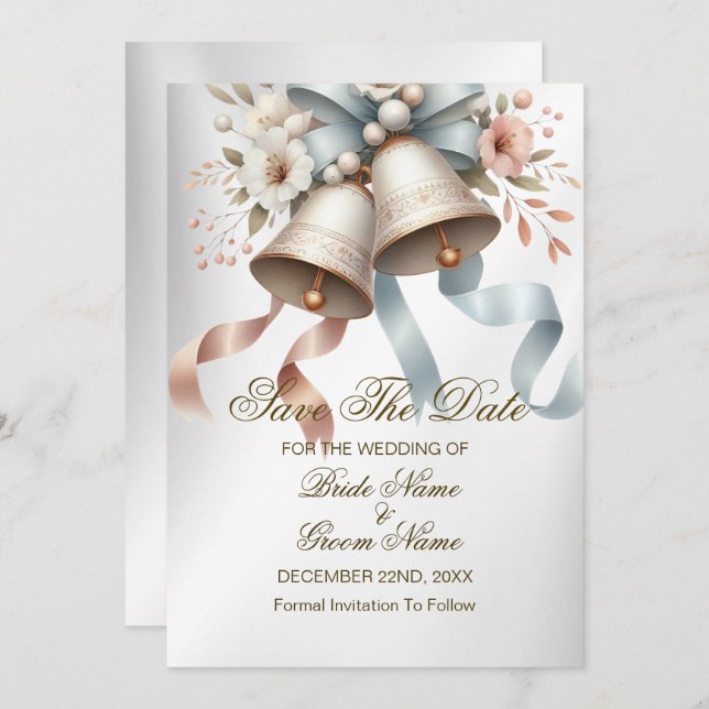 Hochzeitsfeier Blume Bells Pink Blue Ribbons Save The Date (Vorne/Hinten)