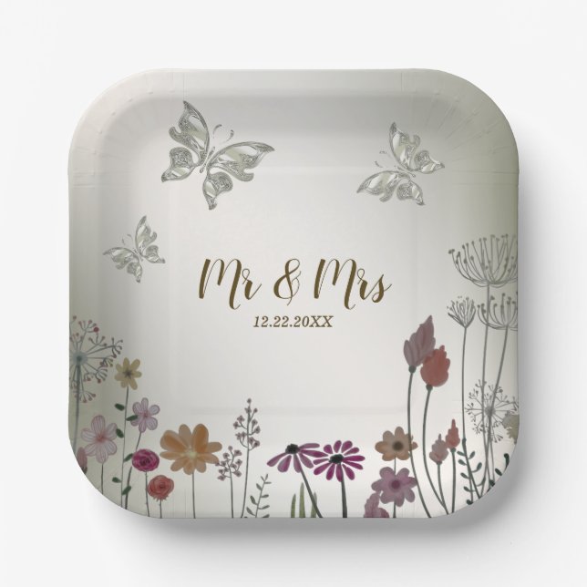 Hochzeitsfeier Bunte Blume Garten Schmetterlinge Pappteller (Vorderseite)